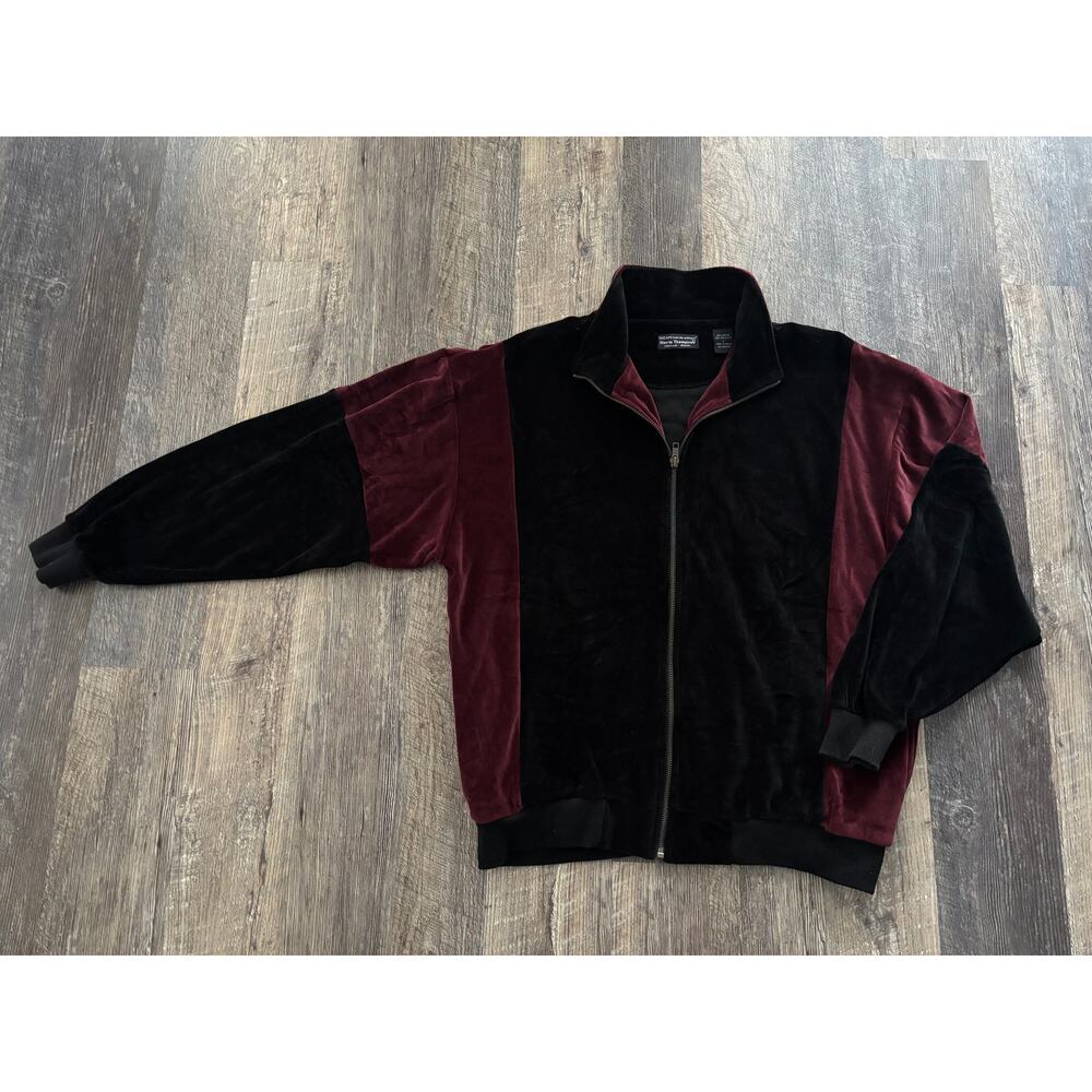 Norm Thompson Mens Velour Track‎ Jacket Black Burgundy Colorblock Full Zip Large